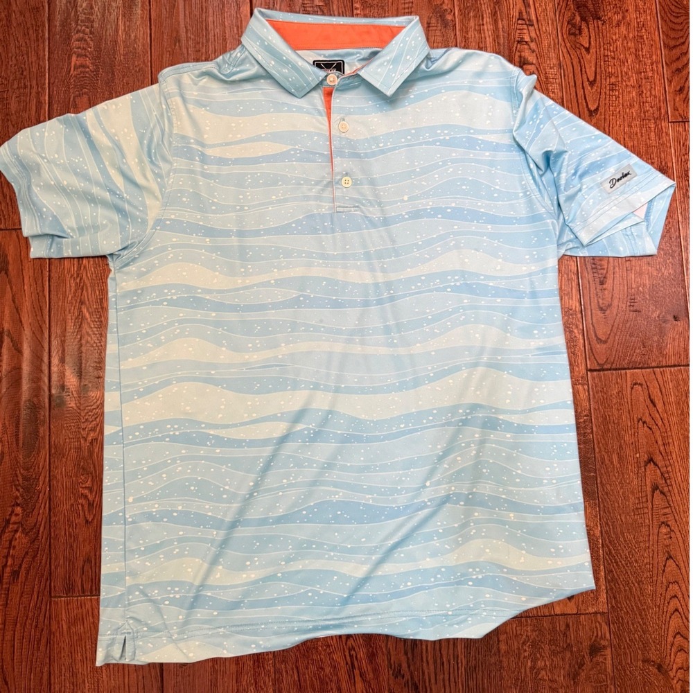 Deolax Mens Light Blue Wave Print Performance Golf Polo Shirt Large